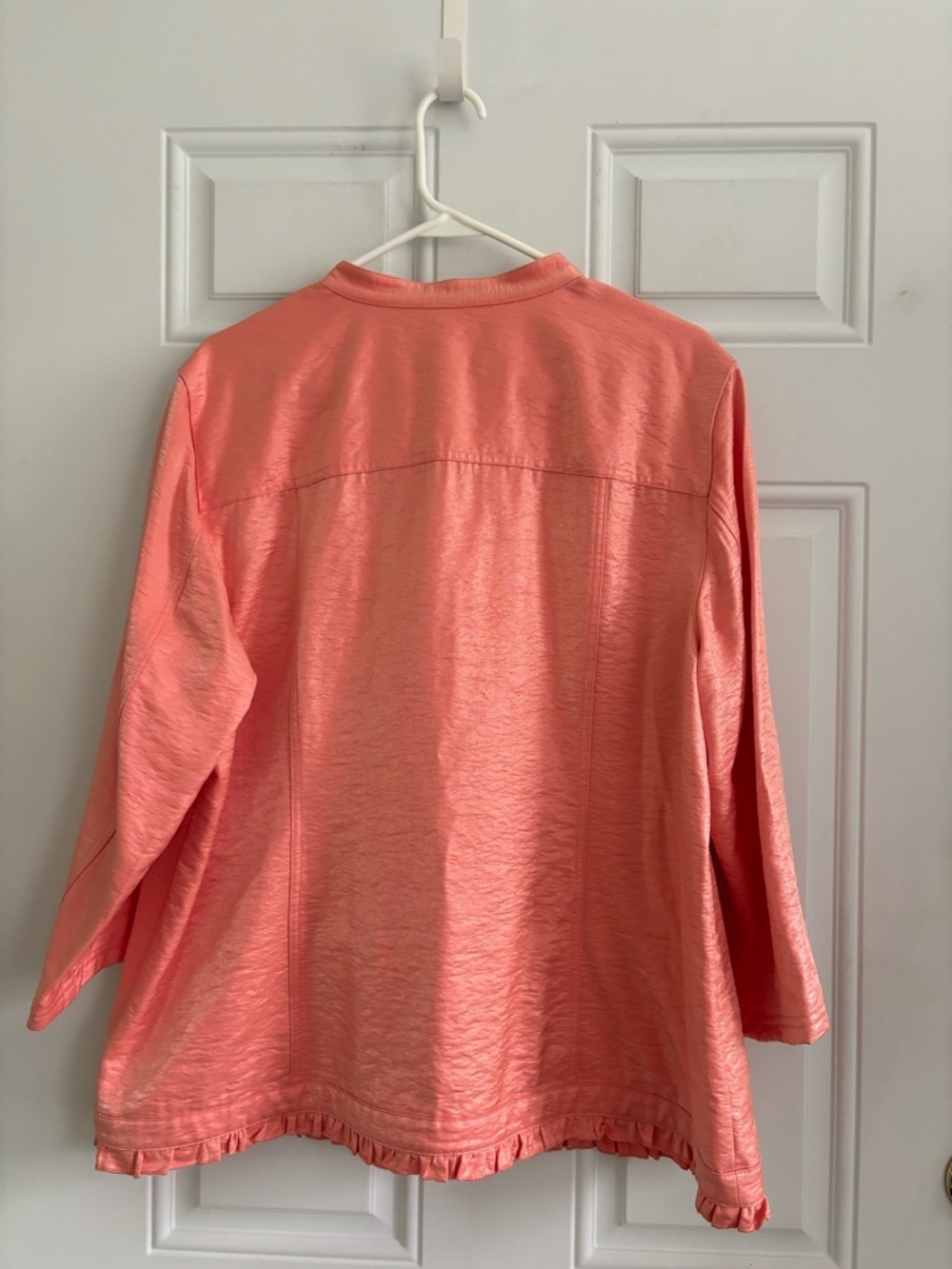 ❤️2/$15 or 3/$2Chico’s Coral Pink Ruffled Front Jacket, Size 3/Women’s XL - Picture 8 of 11